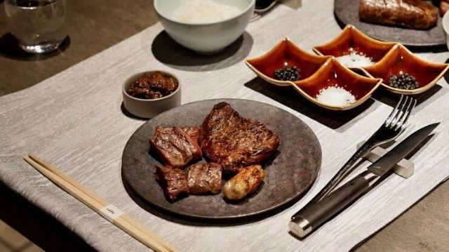 Indulge in a luxurious course featuring the rare "Ibusana Beef," a combination of purebred Japanese beef and Japanese Black Wagyu.
