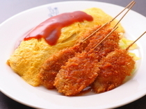 Meijiken_The Omu-raisu (omelette stuffed with rice) and 5 kushi-katsu skewer set is popular for its unchanging taste