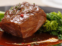 Cuoco di Mare_Beef cheek meat cooked in red wine sauce with warm vegetables.