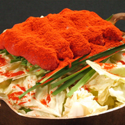 Tsukiji Fukutake Main Branch_Motsu Nabe' (hot pot stew containing offal) with extra-spicy "Kanefuku"-brand pollack roe.