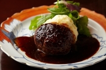 Kato Beef GINZA_His famous Hamburg Steak. Enjoy with potato salad.