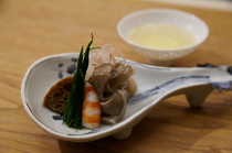 Fushikino_Shrimp, White Watermelon, and Daitokuji Gluten in Sesame Cream